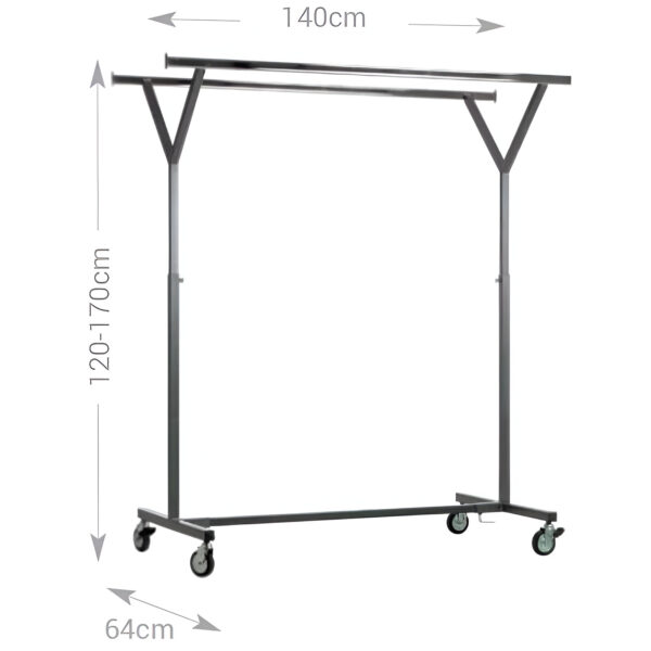 SUPORT UMERASE HAINE FORMA Y, CU ROTI SI 2 BARE L140; H 120-170 CM, CROMAT