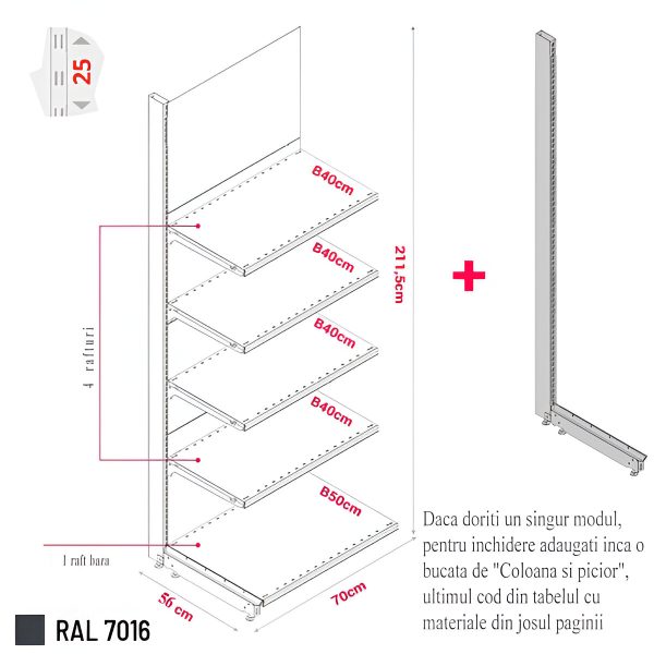 MODUL DE PERETE H211,5 L70 (1 RAFT L50+4 RAFT L40) 7016
