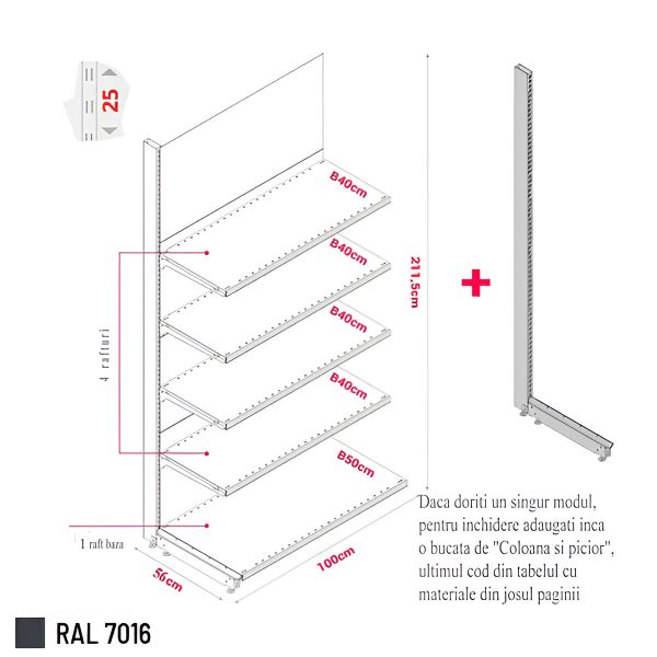 MODUL DE PERETE H211,5 L100 (1 RAFT L50+4 RAFT L40) 7016