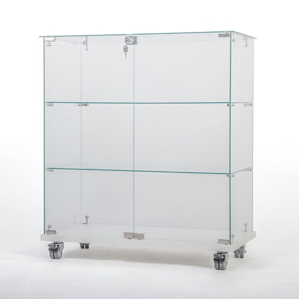 VITRINA CU 2 RAFTURI, INCUIETOARE SI ROTI 80X40X90 CM STICLA SECURIZATA 5 MM
