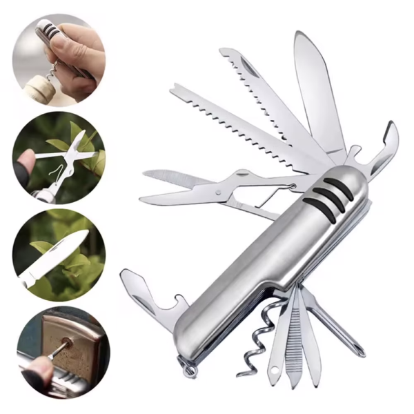 BRICEAG MULTIFUNCTIONAL PUFO PENTRU CAMPING 14 IN 1, 9 CM, ARGINTIU