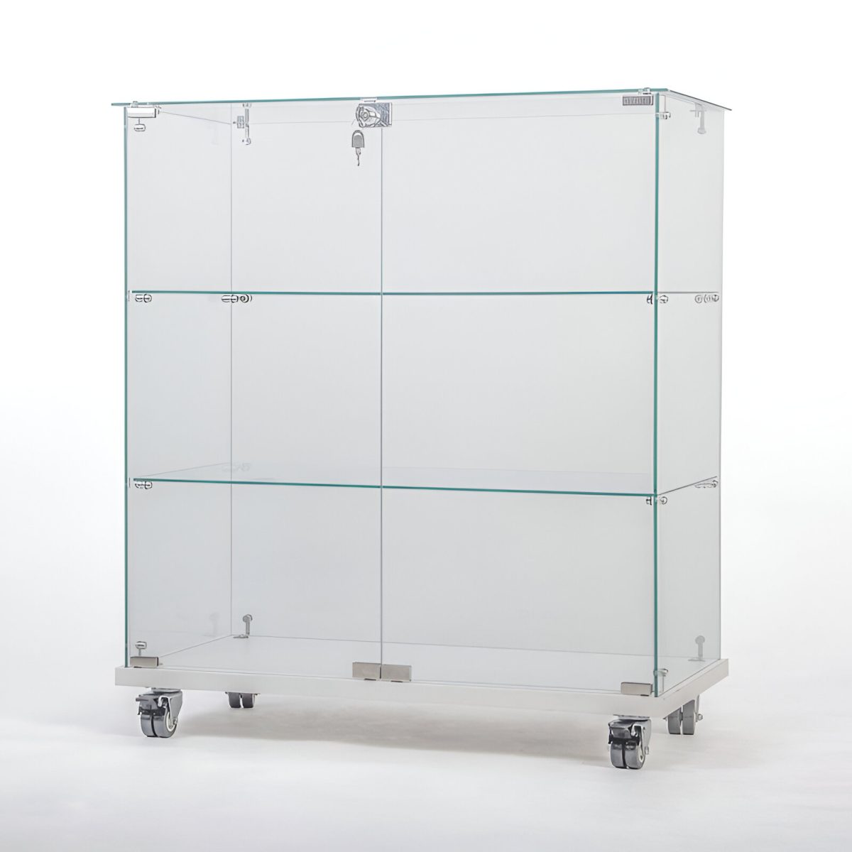 VITRINA CU 2 RAFTURI, INCUIETOARE SI ROTI 80X40X90 CM STICLA SECURIZATA 5 MM - imagine 1