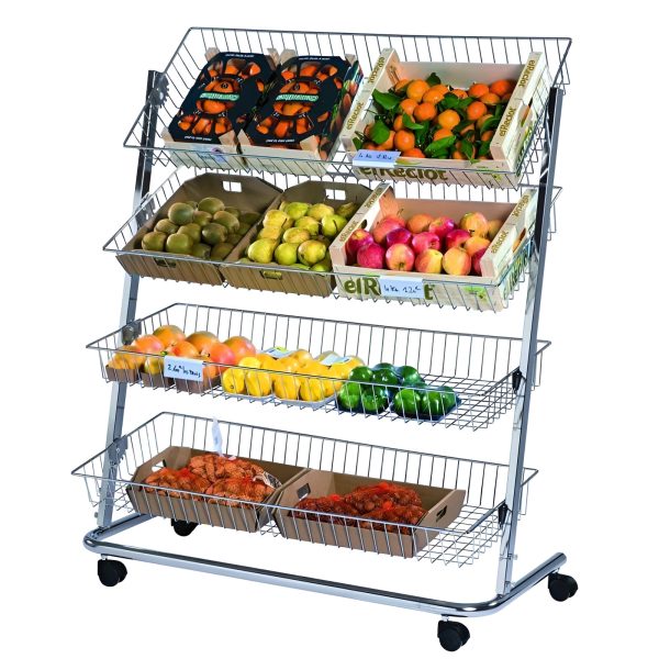 STAND METAL 100X40X100 CM CU ROTI, CROMAT , 4 RAFTURI CU INCLINATIE AJUSTABILA