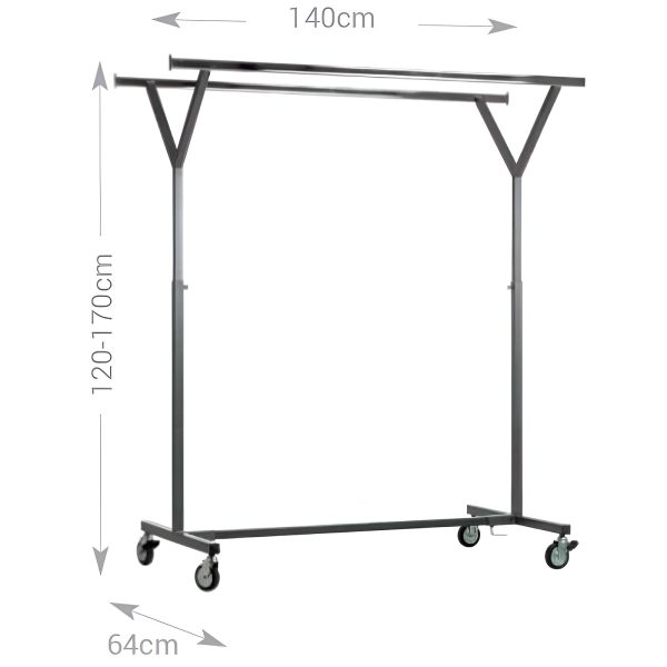 SUPORT UMERASE HAINE FORMA Y, CU ROTI SI 2 BARE L140; H 120-170 CM, CROMAT